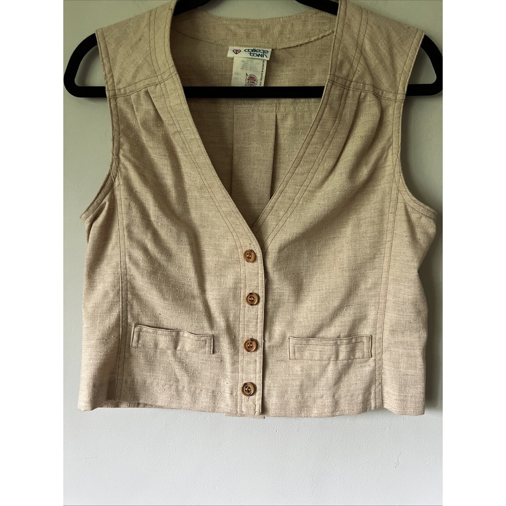Vintage College Town Women's Vest Woven Beige Coastal 70s Union Made